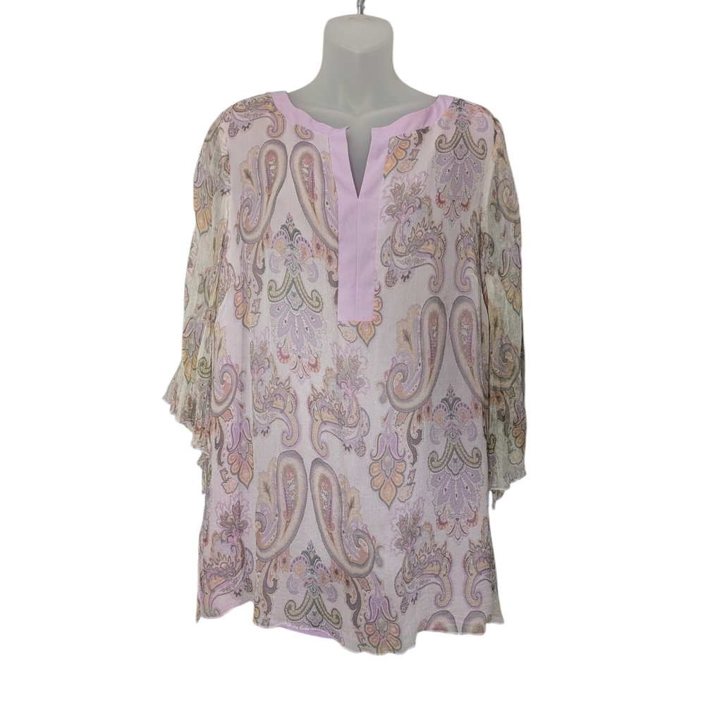 Vintage 2XL Pastel Purple Sheer Sleeve Paisley Women's Tunic Flowy Fairy Spring